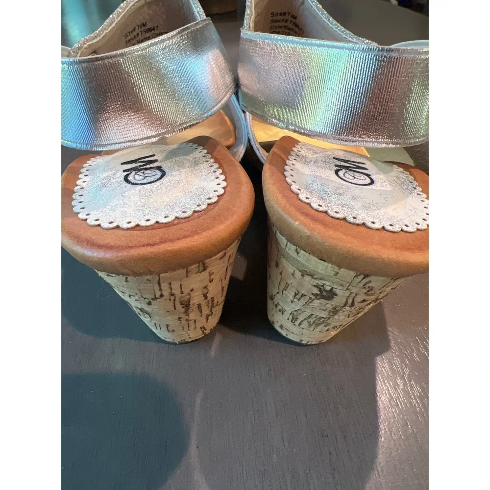 Comfort Me Cherie Silver Metallic Cork Wedge Slingback Thong Sandals Womens 7.5M